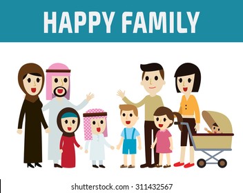 Arab Family And Asian Family.
Parents Character Cartoon Concept.
Full Body Diverse People.
Different Nationalities And Dress Styles.
Flat Modern Design. On White Background.