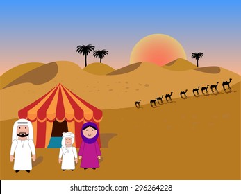 Arab family camping in a middle eastern desert