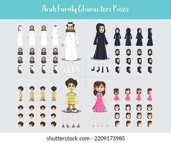 
Arab Family Characters Poses character creation set. Icons with different poses, local Emirati man clothing style, Saudi, abaya, arab, emotions, front, rear, side view of male person. Moving arms,