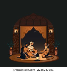 Arab Family Characters Praying Together With Quran Book, Illuminated Lamps Decorated Crescent Moon Night Background.