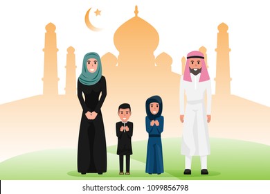 Arab family characters in various pose. Happy saudi, emirates muslim senior man, woman, parents, father, People in national clothing and hijab. Character of muslim religion concept vector illustration