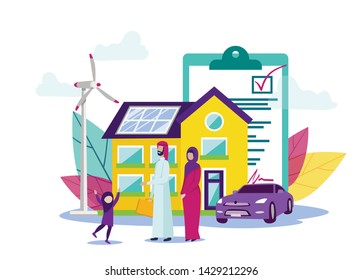 Arab Family with Child on Background New Home. Buying Home. Vector Illustration. Key in Hand. New Housing. Conclude Agreement. Arab Family near New House. Settling in New Home. Happy Family.