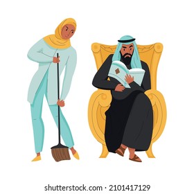 Arab family composition with husband reading while wife sweeping floor flat isolated vector illustration