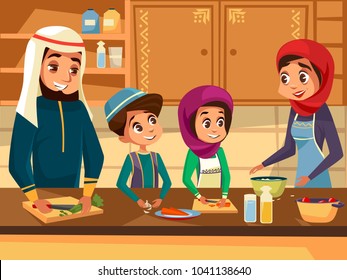 Arab family cooking together at kitchen vector cartoon flat illustration. Muslim family of father and mother with daughter and son children preparing national meal food in traditional Muslim clothing