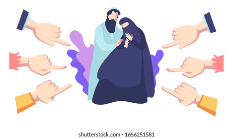 Arab family discrimination and racism, arabian characters bullied surrounded by index fingers vector. Mocking muslim man and woman, violence and bullying. Social anxiety concept, public disapproval