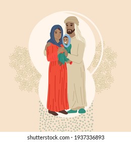 Arab family, father and mother hug the child. Card concept for the holiday family day. Vector cartoon flat illustration