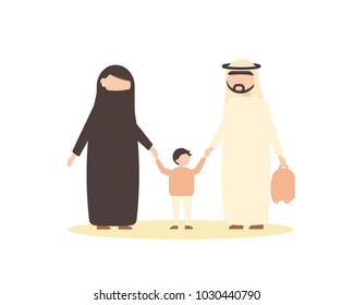 Arab family. Father, mother and son holding hands. Flat vector illustration