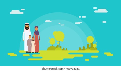 Arab Family Four People, Arabic Parents Two Children Nature Background Flat Vector Illustration