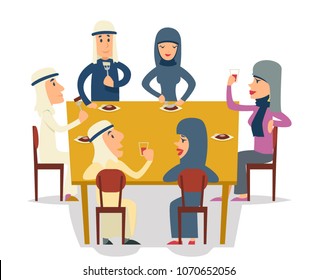 Arab Family Group Friends Eat Meal Characters Meeting  Celebration Party Cartoon Design Vector illustration