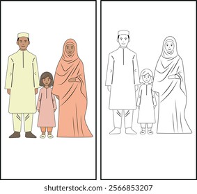 Arab family happiness, father in traditional outfit, mother in hijab, daughter, love and unity