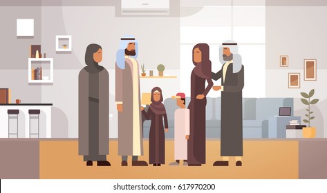 Arab Family Home, Arabic Parents With Children In Modern Apartment Flat Vector Illustration