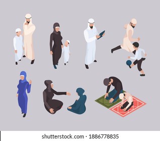 Arab family. Isometric east people in hijab traditional muslim clothes garish vector persons