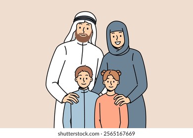 Arab family of man in white sheikh robe and woman in hijab standing with two teenage children. Happy arab family smiling, showing love and unity through adherence to islamic tradition