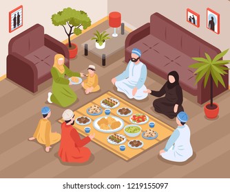 Arab family meal with traditional food and drinks isometric vector llustration