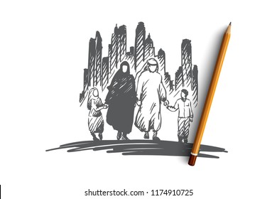 Arab, family, muslim, culture concept. Hand drawn traditonal arab family with children concept sketch. Isolated vector illustration.