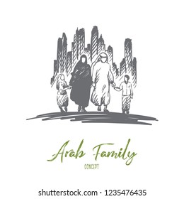 Arab, Family, Muslim, Culture Concept. Hand Drawn Traditonal Arab Family With Children Concept Sketch. Isolated Vector Illustration.