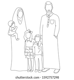 An Arab family. Muslim family. A father, mother and their children . Family photo - coloring page