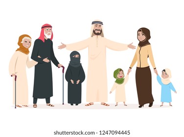 Arab family. Muslim mother and father, happy kids and elderly persons. Saudi islam cartoon vector characters