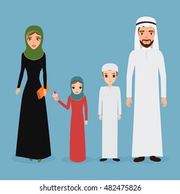 Arab family in national clothes Traditional muslim parents with two children boy and girl.