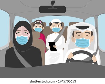 Arab Family Riding A Car Wearing Masks During COVID-19 Corona Virus