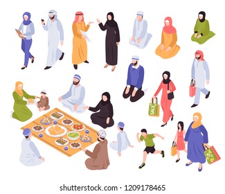 Arab family set with traditional food and shopping symbols isometric isolated vector llustration