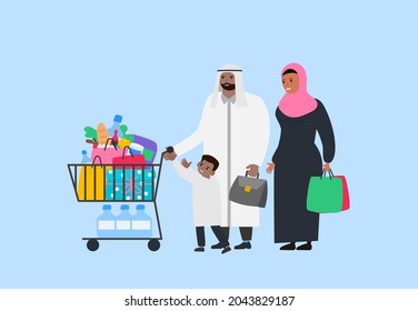 arab family with shopping cart and bags with grocery products and food vector illustration