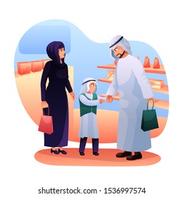 Arab family shopping flat vector illustration. Muslim parents and child in grocery store design element. Islamic mother, father and son choosing presents in mall isolated on white background