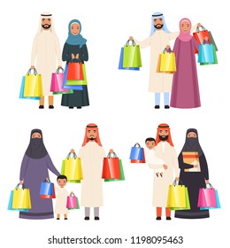 Arab Family Shopping. Muslim Happy People Male Female And Kids In Market With Bags Vector Cartoon Characters Isolated. Illustration Of Saudi People Family Shopping, Arabian Traditional Buyer