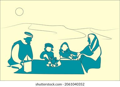 arab family sitting and traveling with their children in the desert