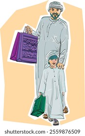 Arab Family Of Three Shopping Together Posing Holding Colorful Paper Shopper Bags.