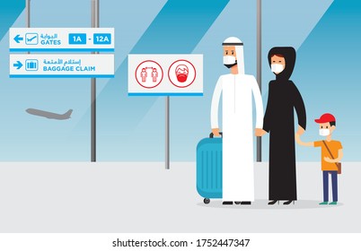 Arab family traveling taking precautions  against virus/germ spreading. Editable vector file.