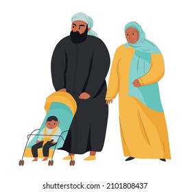 Arab family walking with son in baby carriage flat vector illustration
