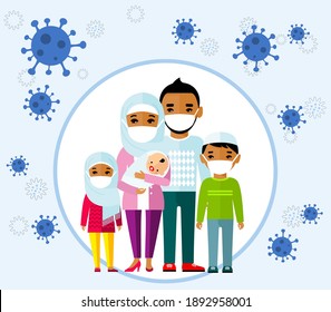 Arab family wearing protective medical mask protect them from COVID 19, coronavirus.
Concept stop Corona virusflu background. Vector illustration of groupe muslime people men, women, children 