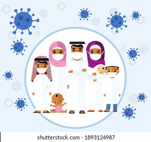 Arab family wearing protective medical mask protect them from COVID 19, coronavirus.
Concept stop Corona virusflu background. Vector illustration of groupe muslime people men, women, children