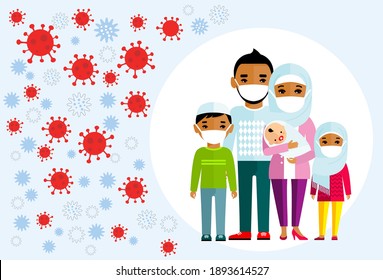 Arab family wearing protective medical mask protect them from COVID 19, coronavirus.
Concept stop Corona virusflu background. Vector illustration of groupe muslime people men, women, children 