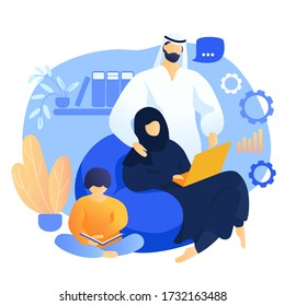 Arab family work together at home. wife helps husband to work online and child reads book. freelance. Concept for working, studying, education, work from home, flat. coronavirus, self-isolation