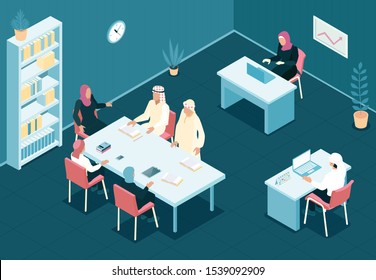 Arab family working together in office 3d isometric vector illustration