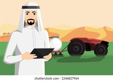 Arab farmer with a tablet computer controls autonomous tractor.  Smart agriculture in desert. Vector illustration EPS 10