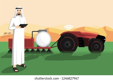 Arab farmer with a tablet computer controls autonomous tractor.  Smart agriculture in desert. Vector illustration EPS 10