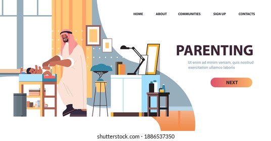 arab father changing diaper to his little son fatherhood parenting concept dad spending time with his baby at home living room interior full length horizontal copy space vector illustration