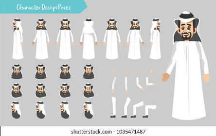 Arab father character creation set. Icons with different poses, local emirati man clothing style, galabeya, abaya, arab, emotions, front, rear, side view of male person. Moving arms, legs. 