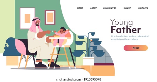 arab father feeding his little son on kids eating chair fatherhood parenting concept dad spending time with baby at home living room interior horizontal full length copy space vector illustration