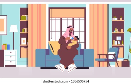 arab father feeding little son with milk bottle fatherhood parenting concept dad spending time with baby at home living room interior full length horizontal vector illustration