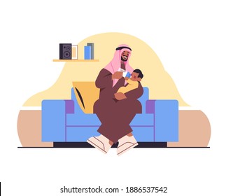 arab father feeding little son with milk bottle fatherhood parenting concept dad spending time with baby at home living room interior full length horizontal vector illustration
