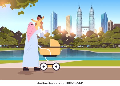 arab father holding little son fatherhood parenting concept dad walking outdoor with his kid cityscape background full length horizontal vector illustration