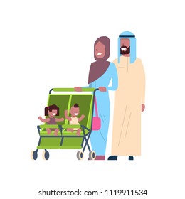 arab father mother baby twins double stroller full length avatar on white background, successful family concept, flat cartoon vector illustration