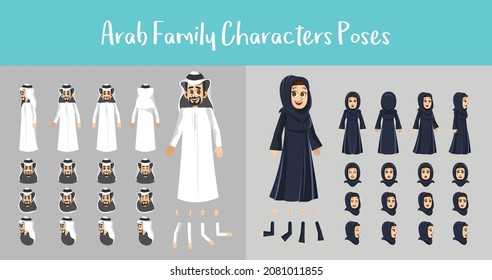 Arab father and Mother characters creation set. with different types of faces head clothing style, emotions, front, rear, side view of person. model sheet