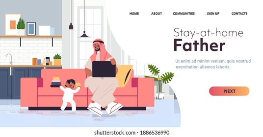 arab father playing with little son and using laptop fatherhood parenting concept dad spending time with his kid at home living room interior full length copy space horizontal vector illustration