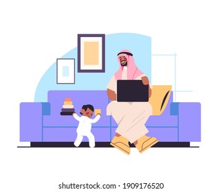arab father playing with little son and using laptop fatherhood parenting concept dad spending time with his kid at home living room interior full length horizontal vector illustration
