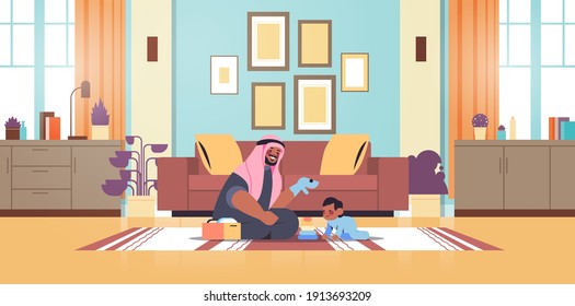 arab father playing with little son at home fatherhood parenting concept dad spending time with his kid modern kitchen interior horizontal full length vector illustration